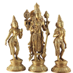 Brass Lord Vishnu with Bhudevi & Sridevi | 13" x 5.8" x 3.9" (33 x 14.7 x 9.9 cm) | 6.9 kg Sacred Art | Divine Trinity Murti